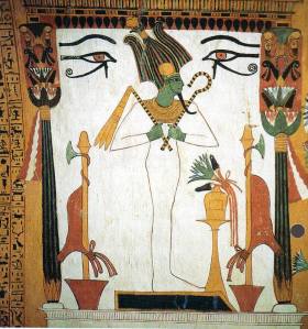 Original tomb art – Painting in the tomb of Senngen, showing Osiris the God of the Underworld (Artist unknown) for the image of Osiris 