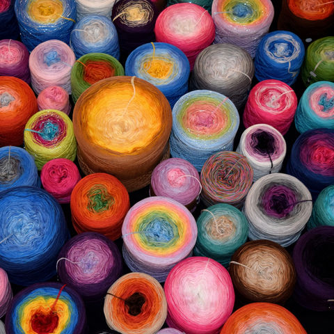 a collection of different sized and coloured yarn cakes