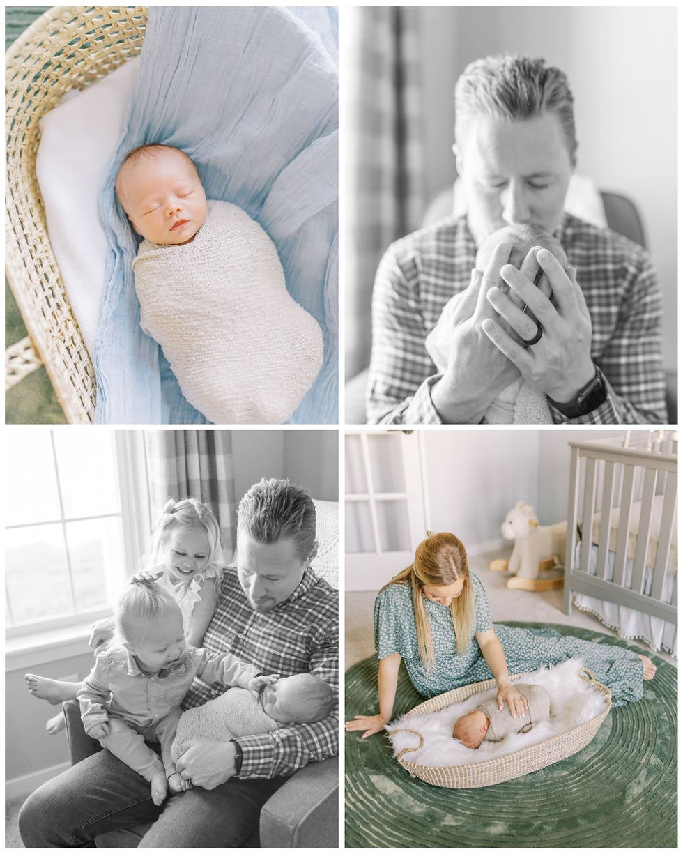 Newborn wrapped in white, nestled on blue fabric. Father gazes lovingly at baby, family gathered joyfully, and mother watches tenderly beside crib.