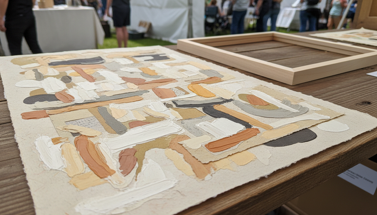 Close-up view of layered collage artwork with textured paper and painted details.