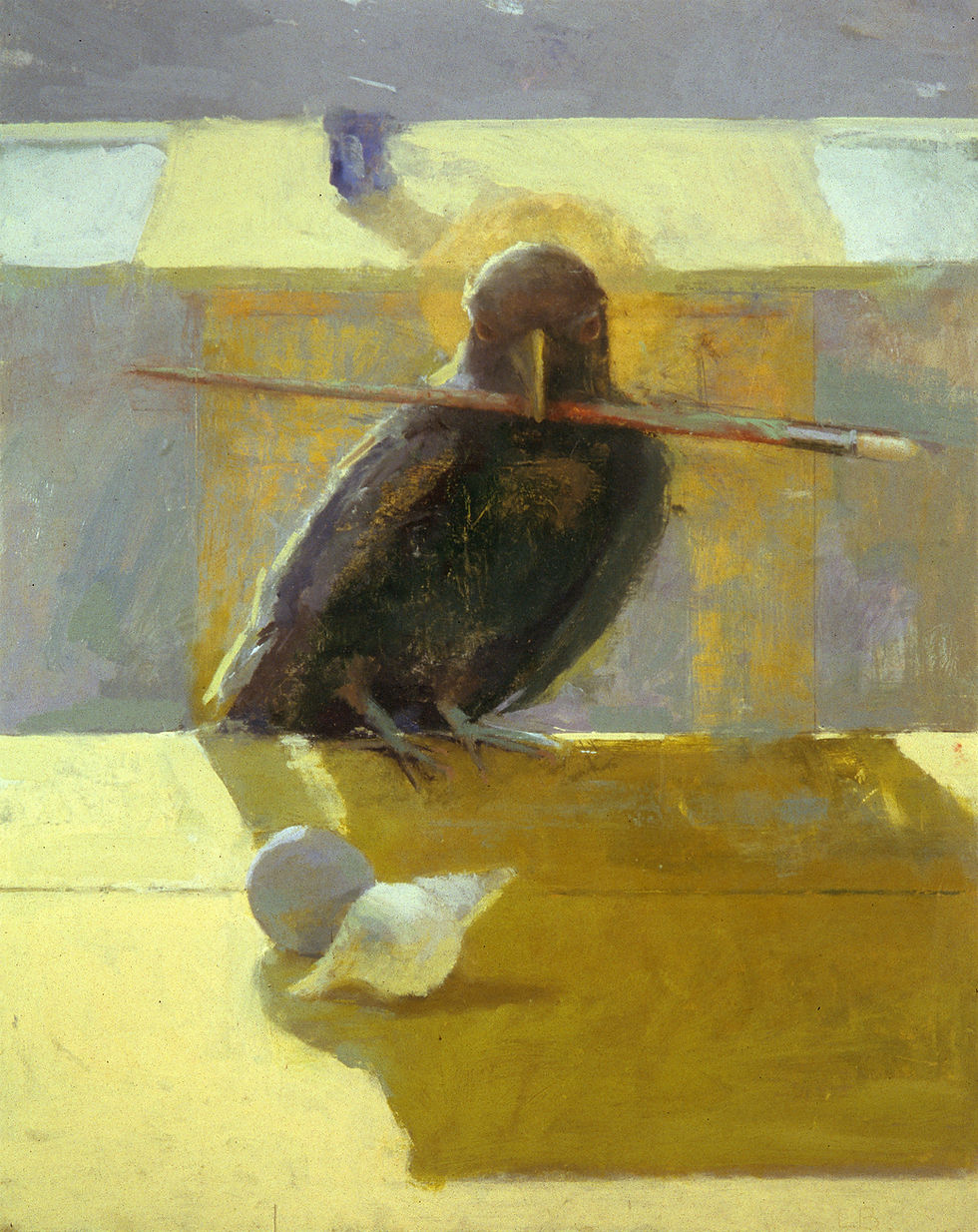 a still life painting with a raven sitting on a yellow table holding a paintbrush in its beak