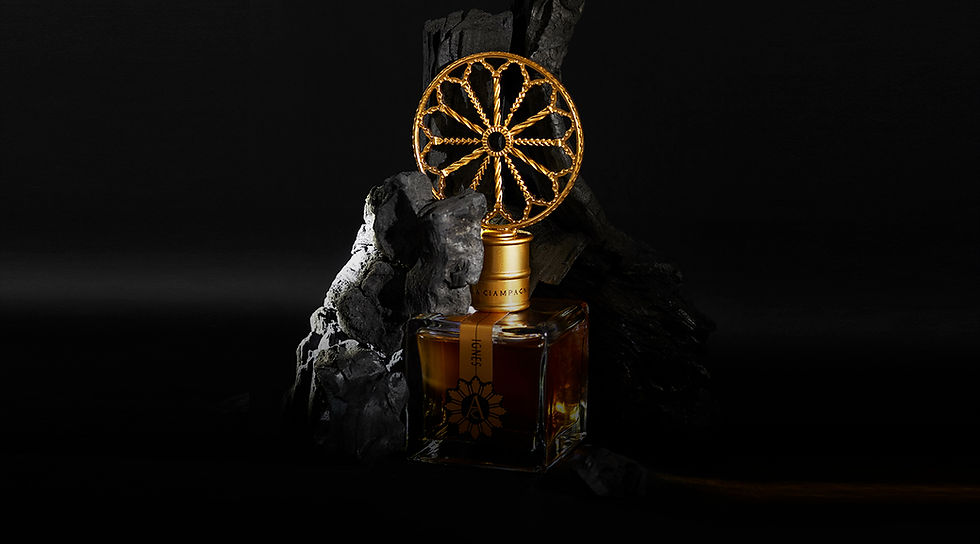 Angela Ciampagna niche perfume with golden ornamental cap inspired by cathedral rose window – artisanal Italian luxury fragrance by MLPH.