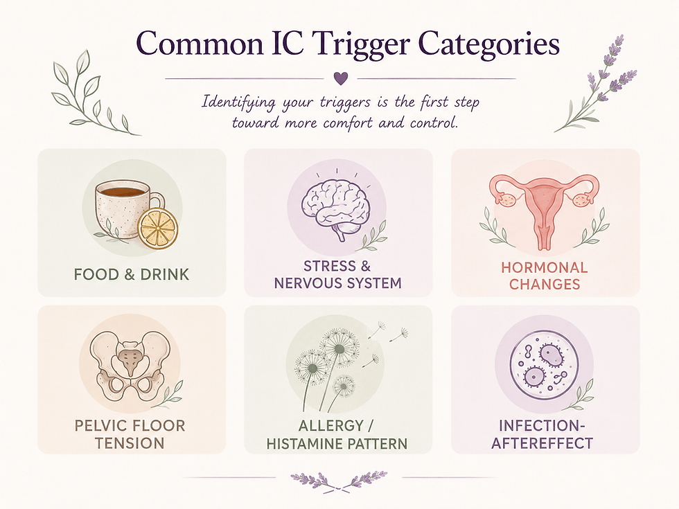 Interstitial cystitis trigger categories including food, stress, hormones, pelvic floor tension and histamine.