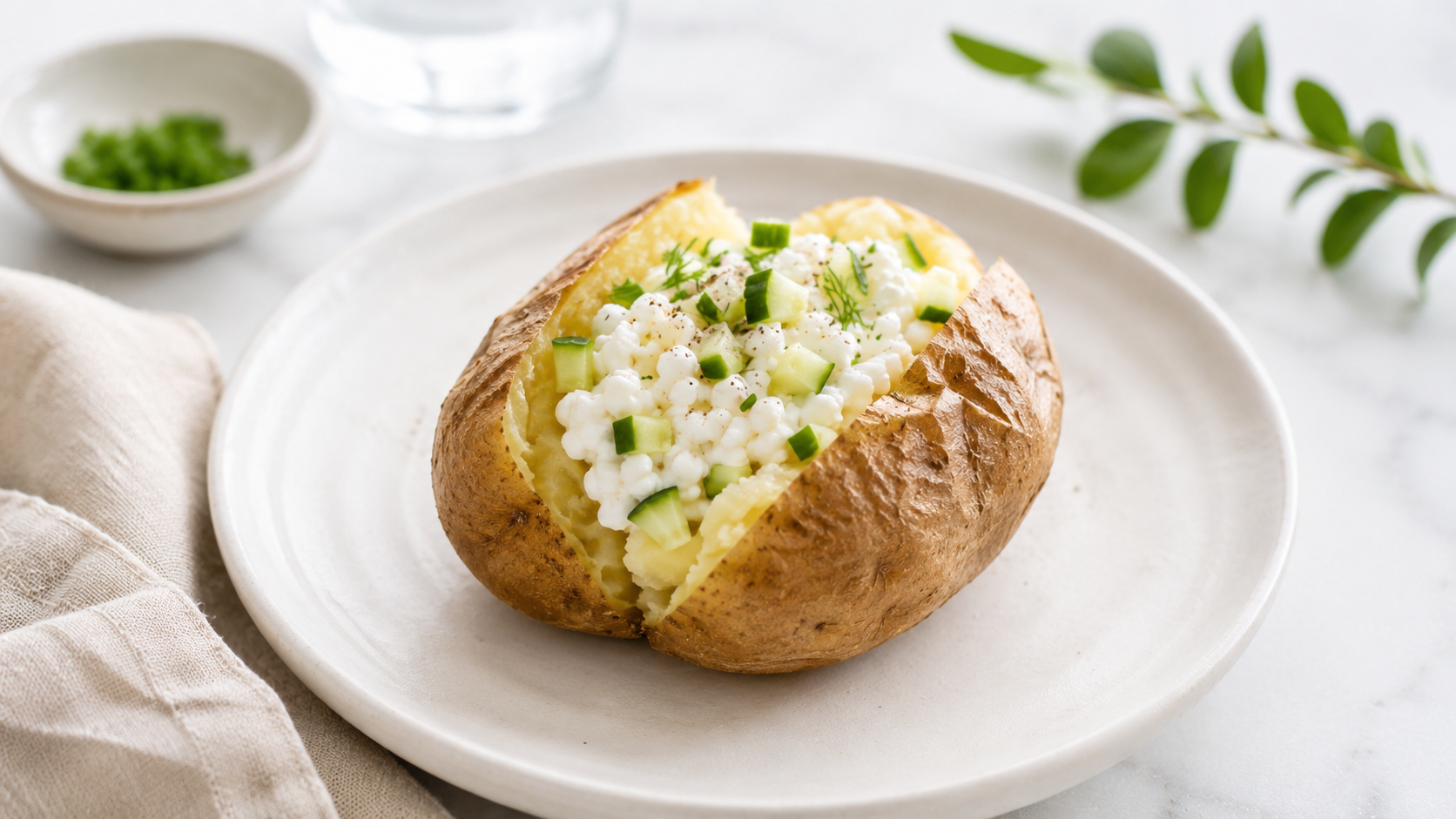 A baked potato filled with cottage cheese, cucumber and fresh herbs on a white plate.