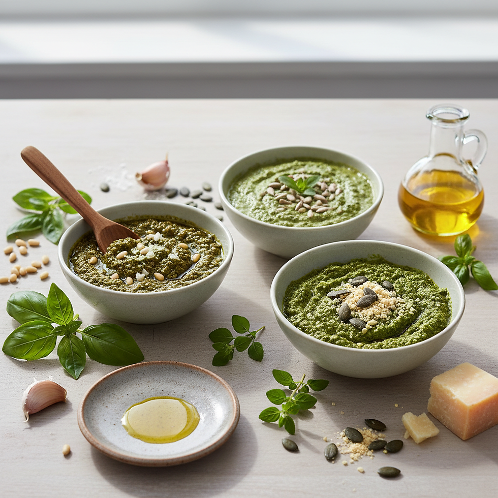 Three customised pesto variations illustrating garlic-free, dairy-free or nut-free options.