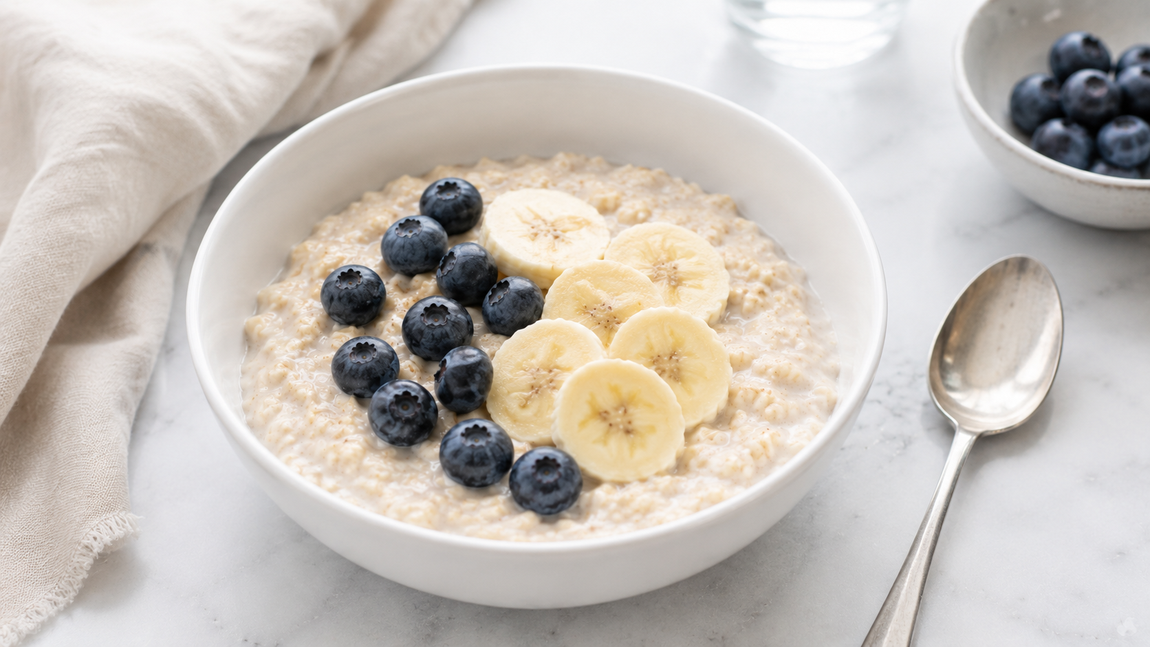 A bowl of porridge topped with banana and blueberries, photographed in bright natural light.