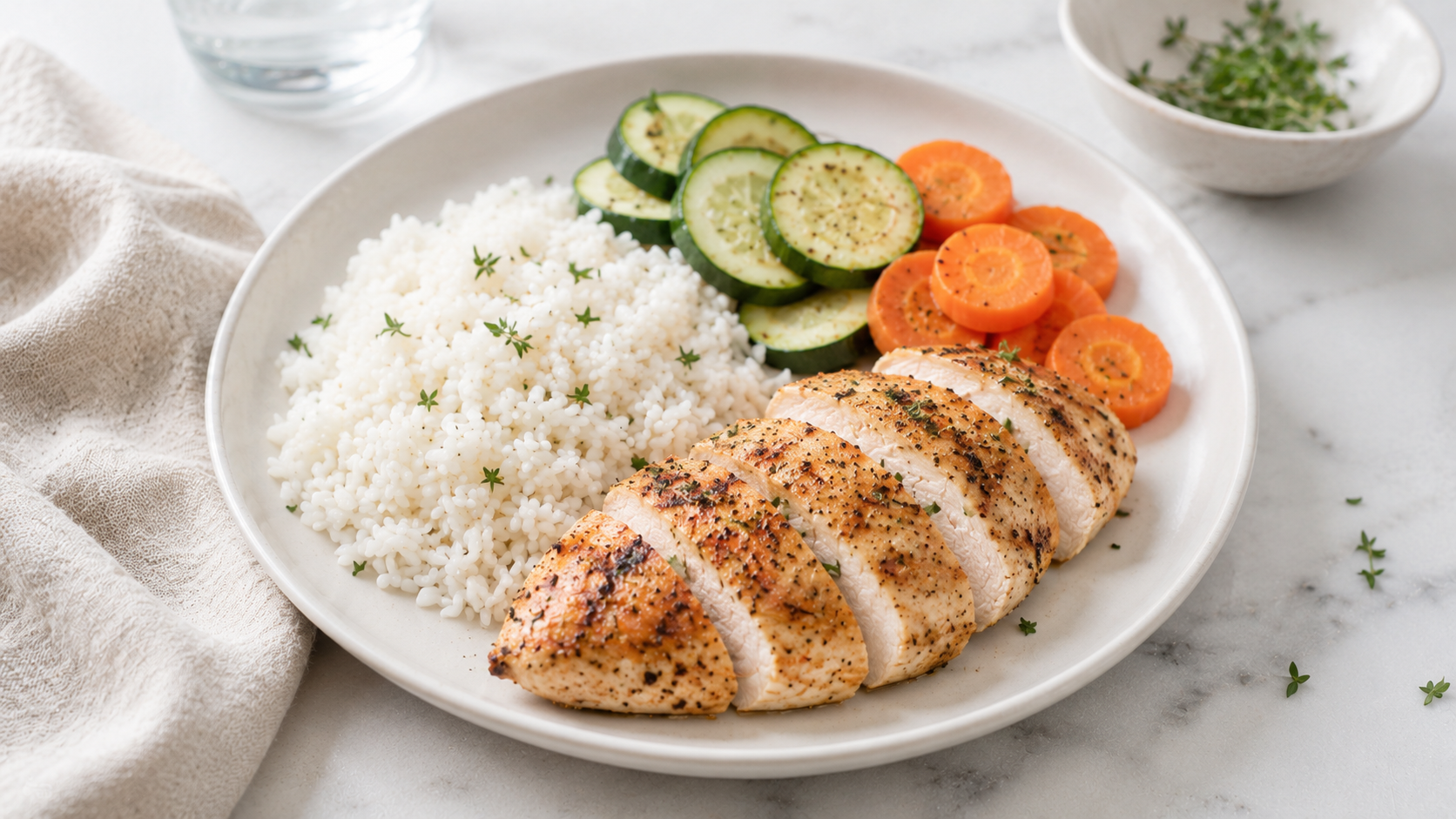 Herb-roasted chicken with white rice, courgette and carrots on a pale ceramic plate.