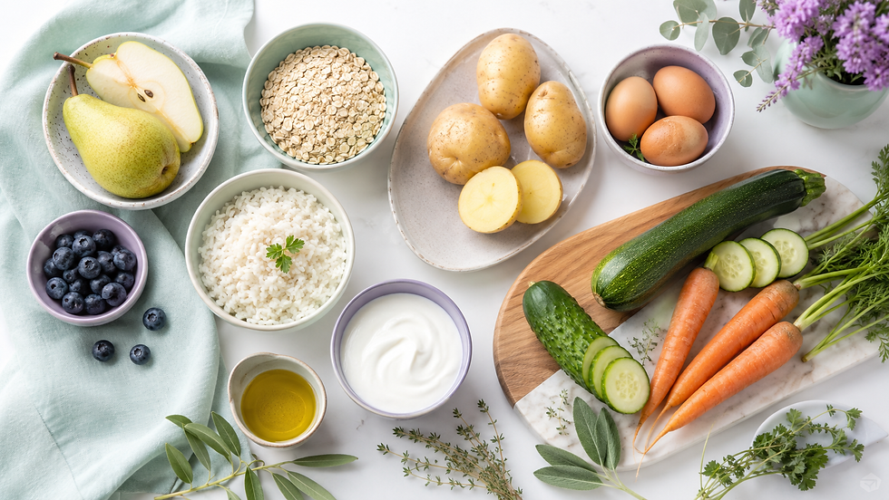 A selection of commonly better-tolerated foods including pears, blueberries, oats, rice, potatoes, eggs, vegetables, yoghurt and olive oil