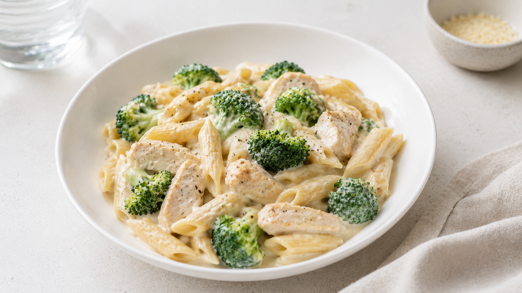 Creamy chicken and broccoli pasta served in a white bowl on a pale neutral background.