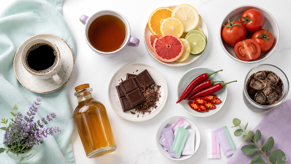 Coffee, tea, citrus, tomatoes, chilli, chocolate, fizzy drinks, vinegar and sweeteners arranged as commonly reported IC trigger foods
