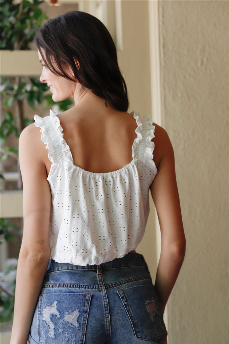 Thumbnail: Embroidered Ruffle Trim Strap Sleeveless Crop Top