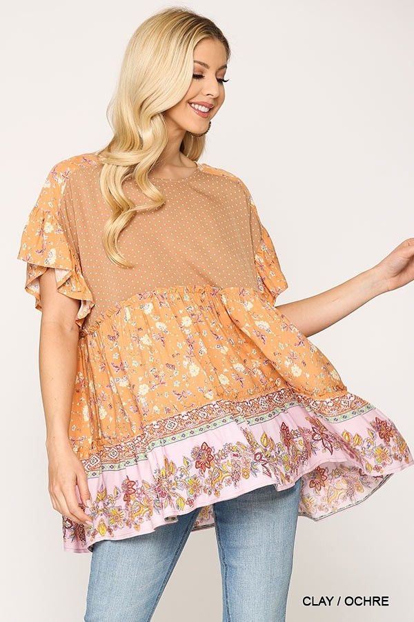 Thumbnail: Dot And Floral Print Mixed Ruffle Top With Back Keyhole
