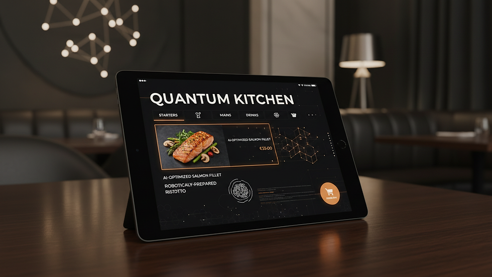 Close-up view of a digital menu on a tablet in a restaurant setting