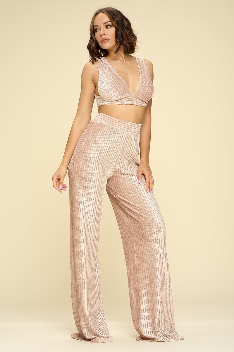 Thumbnail: Crushed Velvet Plunging Neck Tank Top And High Waist Palazzo Pants Set