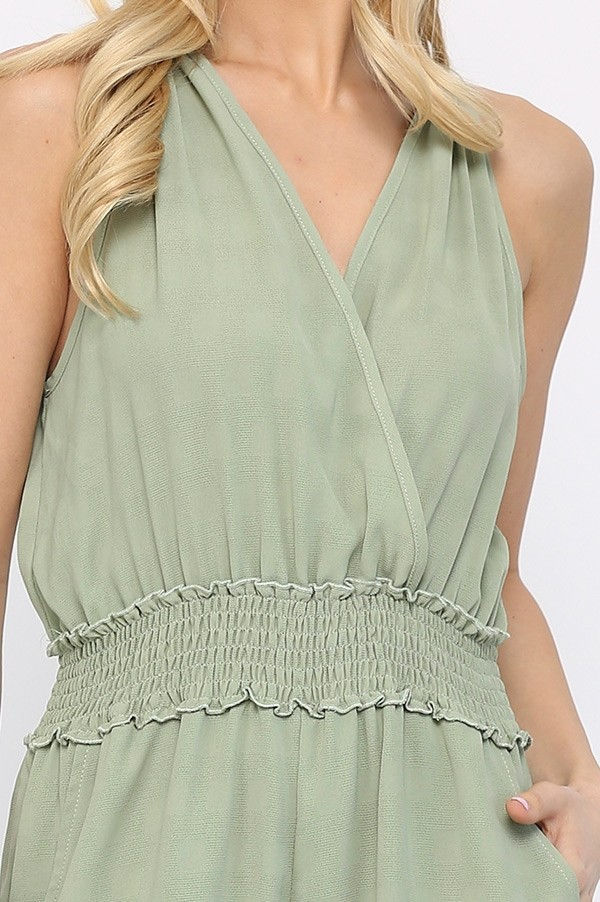 Thumbnail: Textured Woven And Smocking Waist Romper With Back Open And Tie