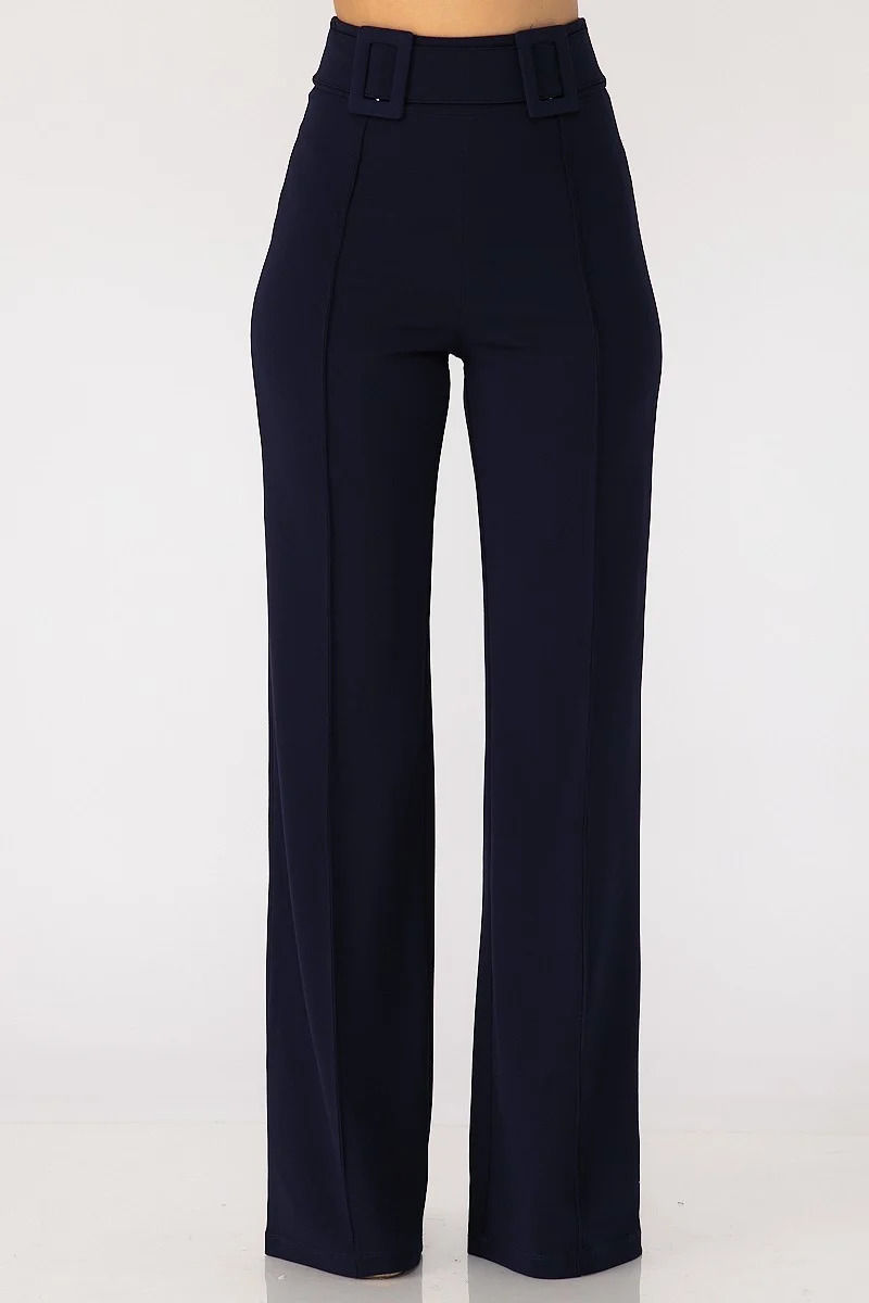 Thumbnail: High Waist Pants With Self Fabric Buckle Detail On The Waist