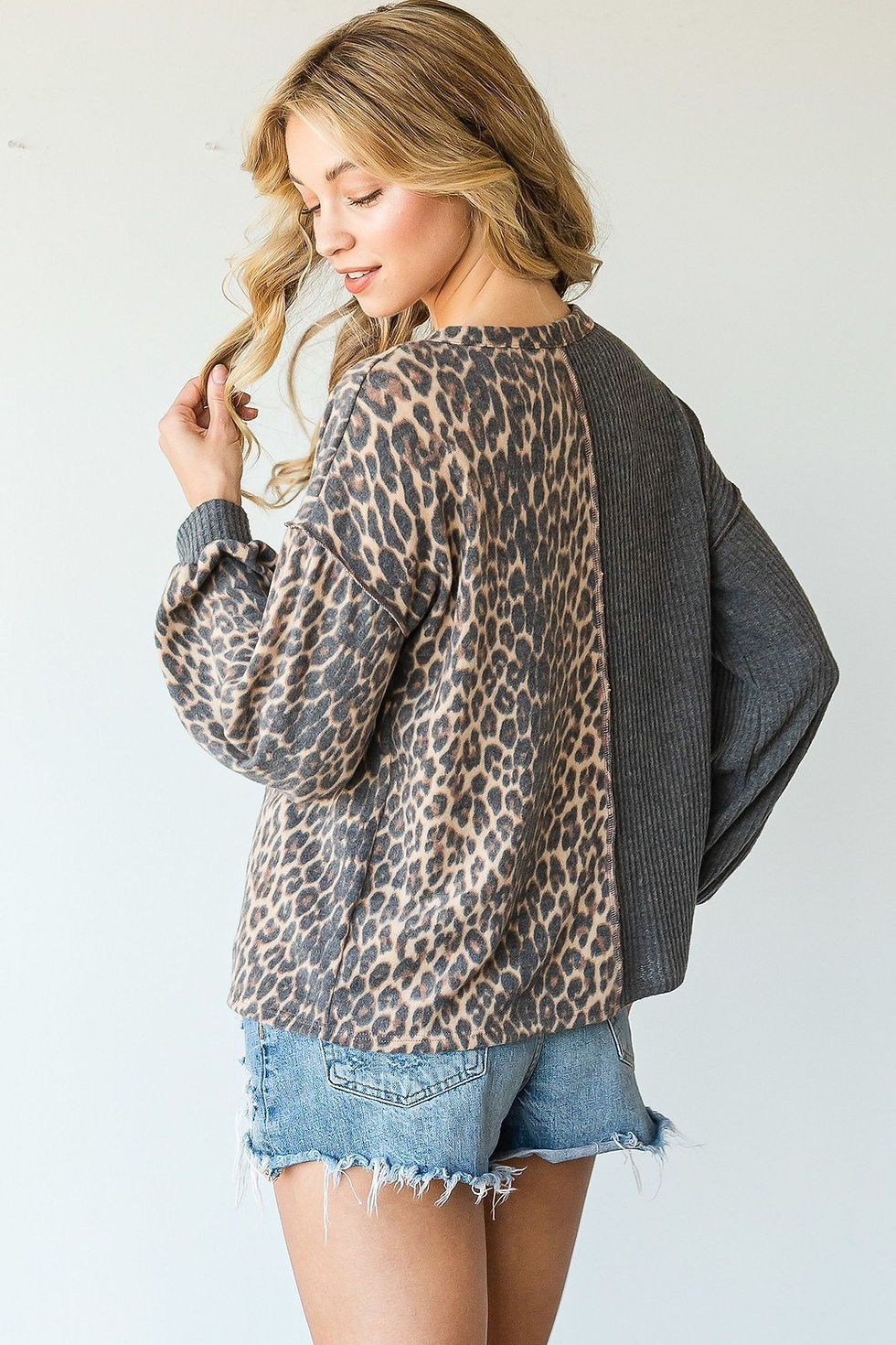 Thumbnail: Unique Leopard Color Block Long Sleeve Top