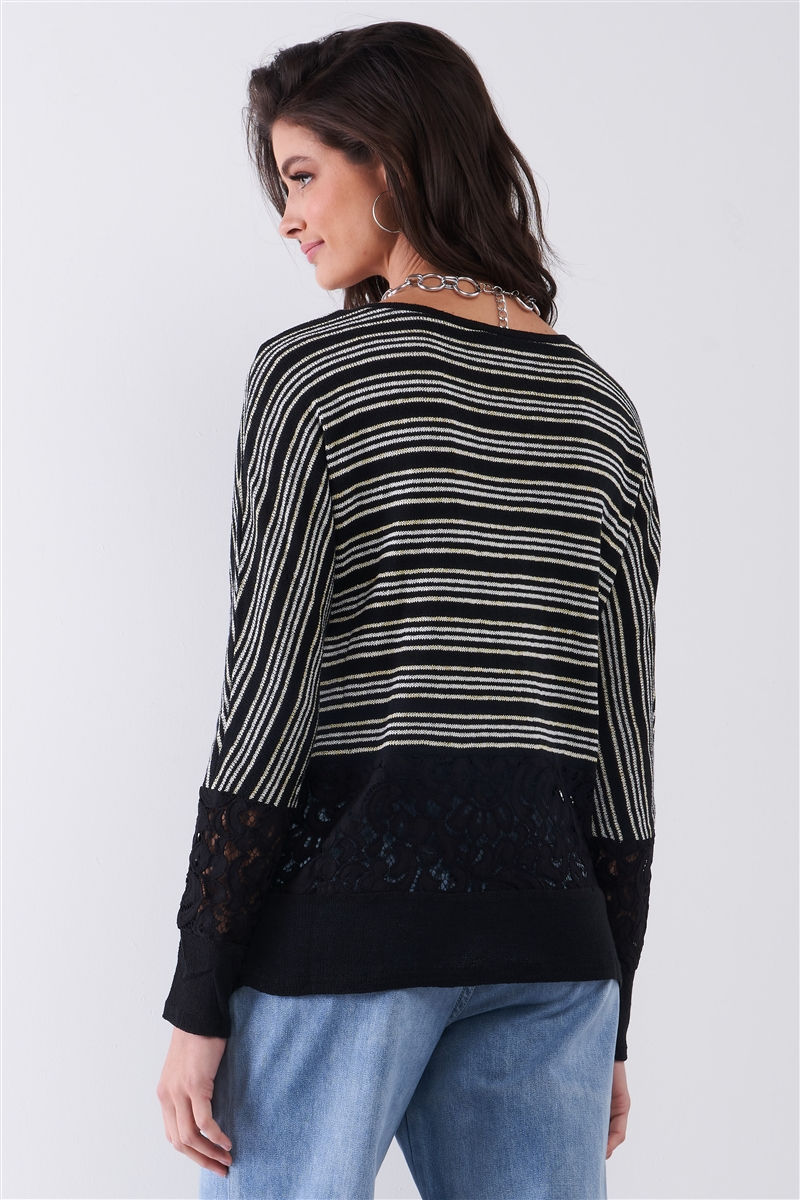 Thumbnail: Black Striped Glitter Weave Crochet Trim Detail Long Sleeve Sweater Top