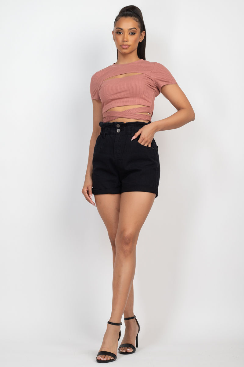 Thumbnail: Self-tie Ribbon Front Cutout Crop Top