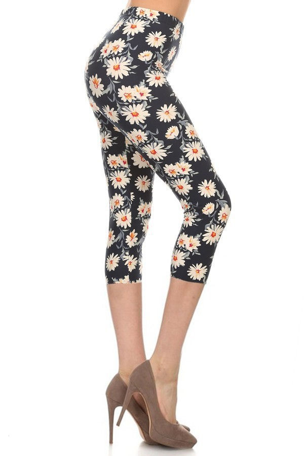 Multi-color Print, Cropped Capri Leggings In A Fitted Style With A Banded Hi...
