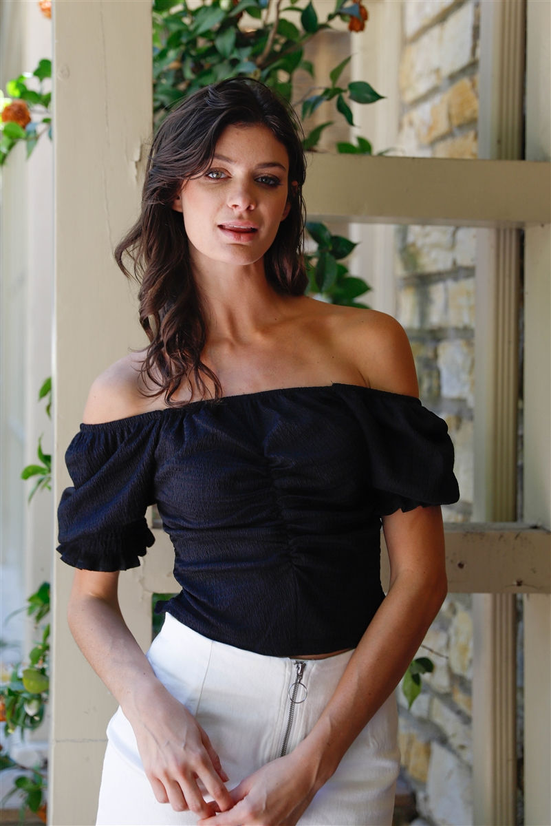 Thumbnail: Textured Ruched Detail Smocked Back Short Balloon Sleeve Crop Top