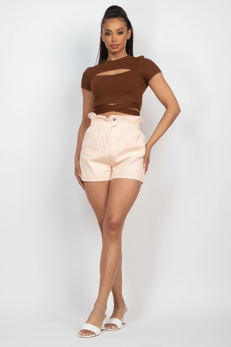 Thumbnail: Self-tie Ribbon Front Cutout Crop Top