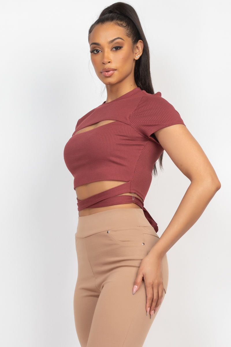 Thumbnail: Self-tie Ribbon Front Cutout Crop Top