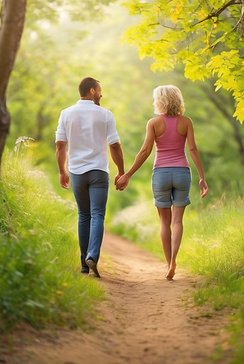 Show a male and female around 40 years old walking outside_ in nature with a feeling of ea