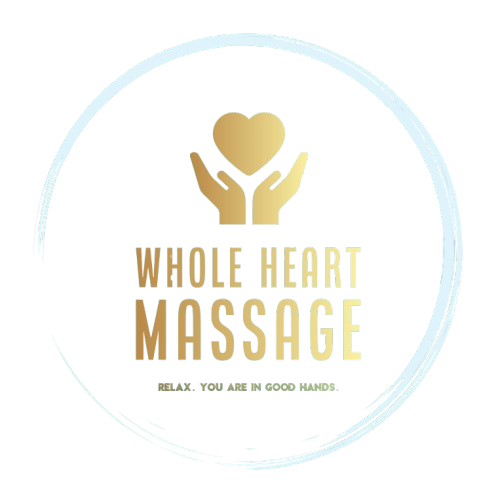 Logo of Whole Heart Massage featuring a hand gently holding a heart, symbolizing care and wellness.  