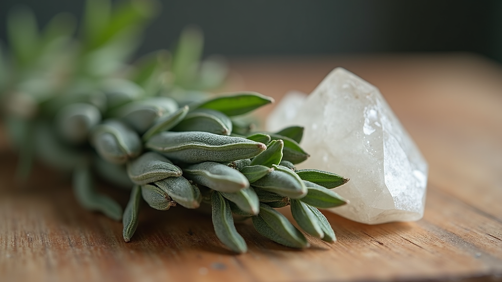 Close-up view of a crystal and sage bundle resting on a wooden surface