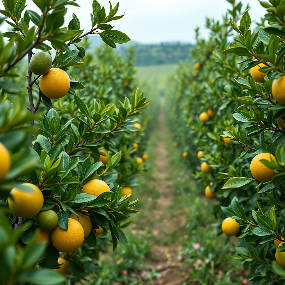 Use olive green and aqua blue colors. Concentrate more on citrus orchards being irrigated.