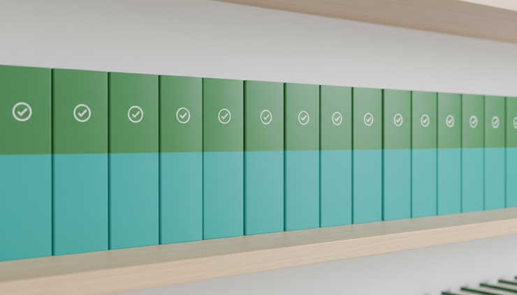 Eye-level view of aligned agricultural training manuals in green and teal tones