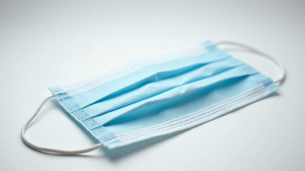Close-up view of a surgical mask lying flat on a white surface