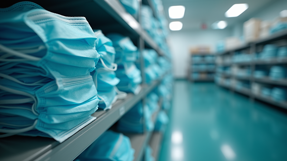 Eye-level view of surgical masks stacked neatly in a medical supply room