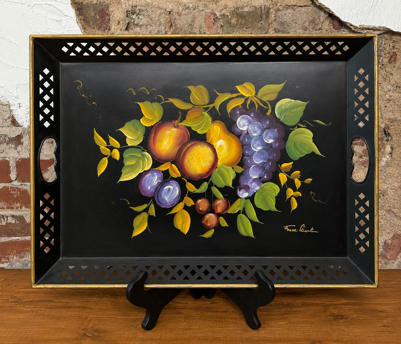 Vintage Hand-Painted Black Toleware Fruit Tray