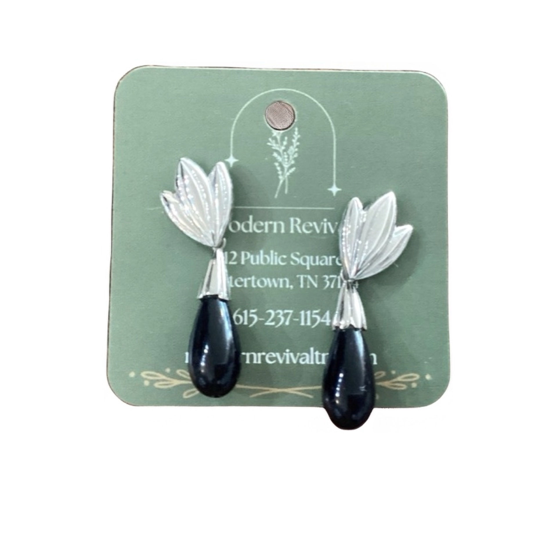 Black Teardrop Carved Petal Silver Earrings