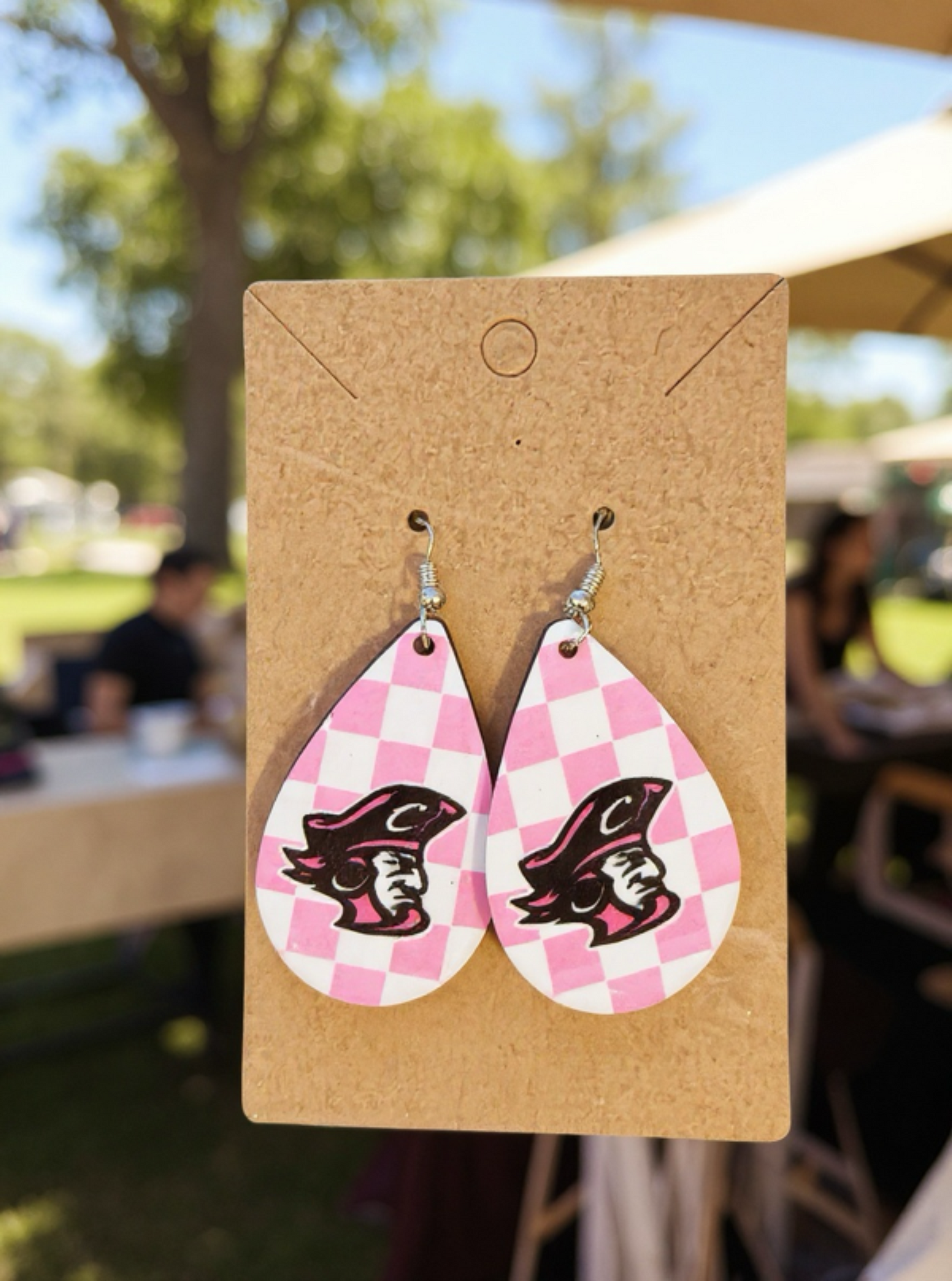 "Pink Checkered with Pirate Head" Teardrop Earrings