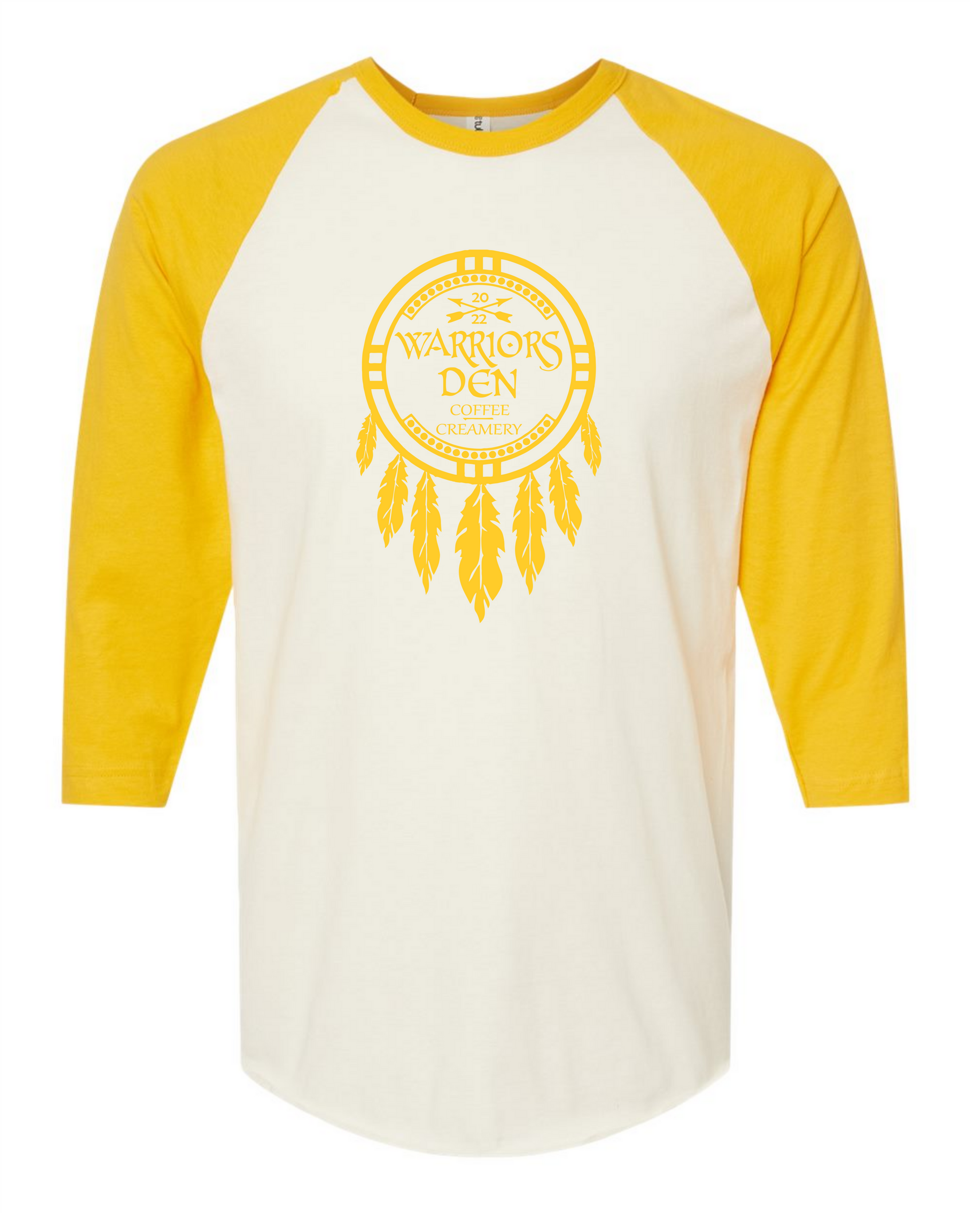 "Warriors Den Local Caffeine Dealer" Adult Baseball Tee Yellow and Off White