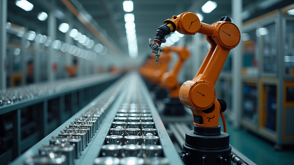 High angle view of automated robotic arms assembling products on a factory line