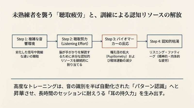 未熟練者を鍛う聴取疲労と認知リソース解放の図。Step1〜4で複雑な音環境から認知的枯渇までを示す説明スライド。
