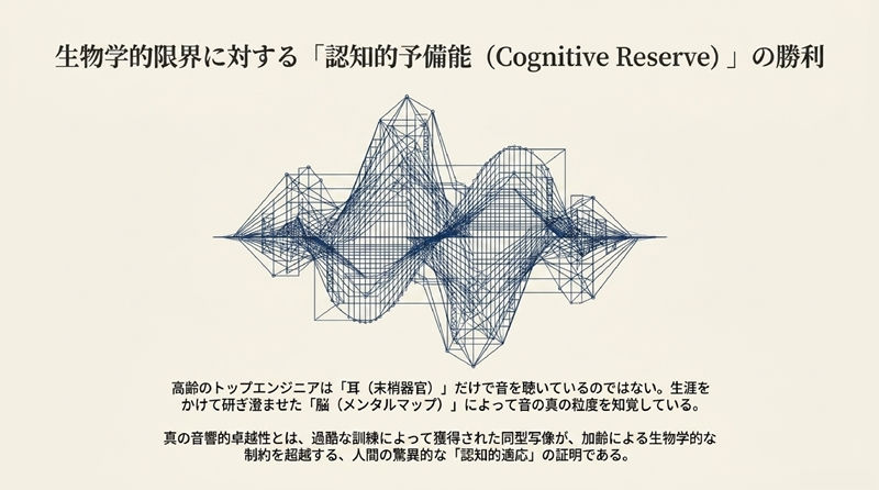 認知的予備能と生物学的限界を解説する日本語のスライド。中央に青い波形の線画、下に説明文、淡い背景で学術的な雰囲気。
