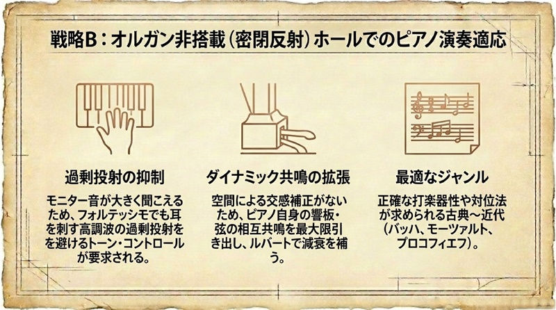 古い紙に、3つのイラストと日本語テキストが印刷。鍵盤の挿絵、手のイラスト、楽譜が並び、ピアノ演奏について説明。
