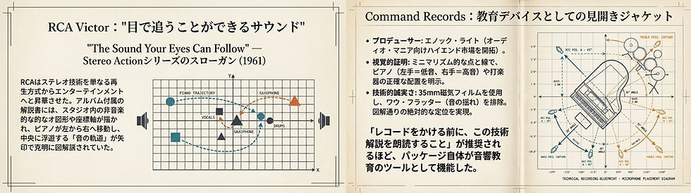 RCAビクターとコマンドレコードの音楽説明ポスター。図には楽器の配置と音の動きが示され、テキストが詳細を解説。