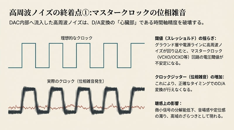 高周波ノイズの終着点①:マスタークロックの位相雑音を解説する図。理想波形と実際のクロック波形、右に影響説明の日本語テキスト。