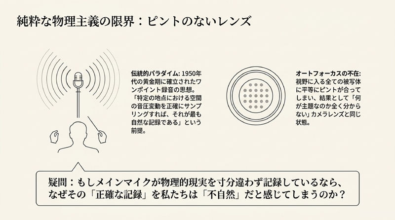 ベージュ背景の日本語インフォグラフィック。マイクと音波、人物シルエット、円形図があり、「純粋な物理主義の限界」などの説明文と疑問文が表示されている。