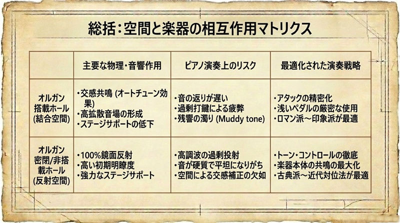 総括: 空間と楽器の相互作用マトリクスの表。オルガン搭載ホールと反射空間の特徴、リスク、演奏戦略を比較。背景は古紙風。
