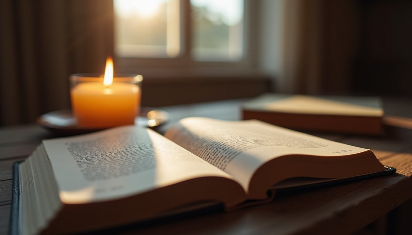 Open book and lit candle on a table with sunlight