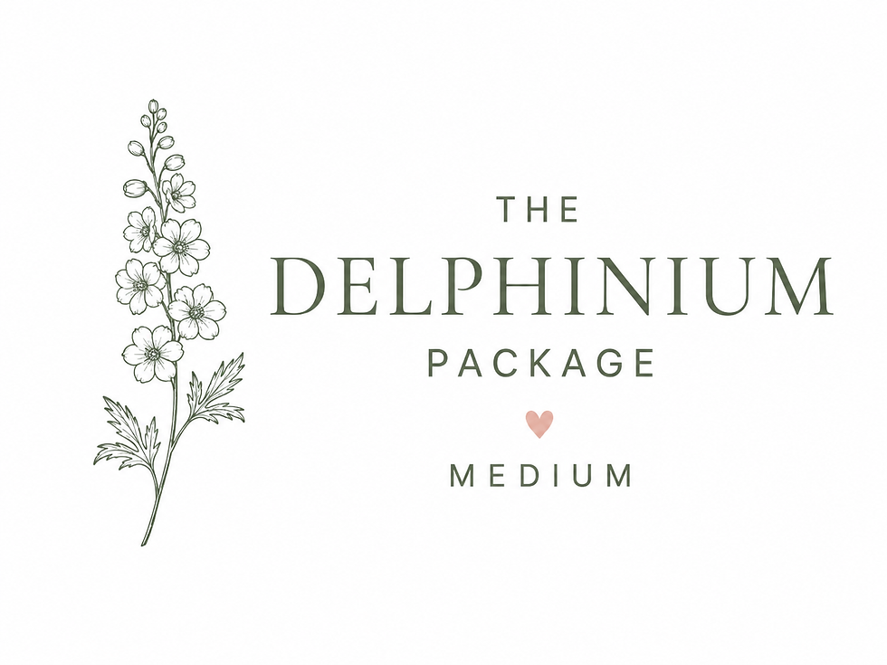 The Delphinium Package logo with delphinium line art for the medium Bloom Bar bouquet option.