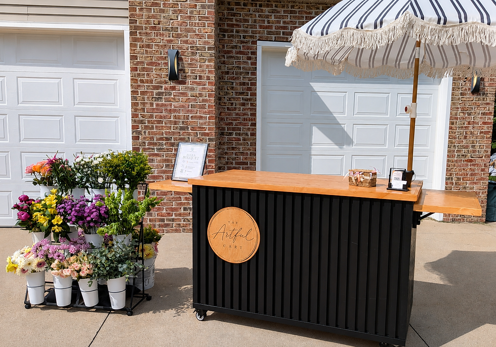 The Artful Cart Bloom Bar set up with fresh flowers for a West Michigan event.