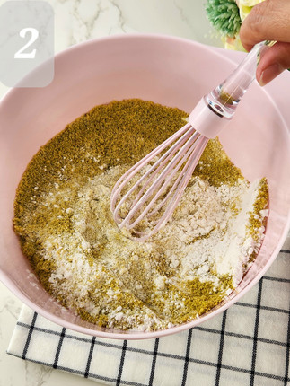 In a medium bowl, whisk together the finely ground pistachio, sifted cake flour, baking powder, baking soda, and salt until well combined. Set aside.